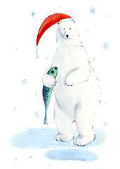 Christmas watercolor illustration. A polar bear in a red Christmas hat. Children's illustration. For posters, postcards, etc.
