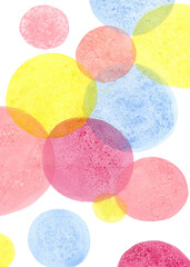 Multicolored circles drawn in watercolor. Abstract background. Watercolor illustration. For posters, postcards, etc.