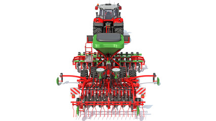 Fototapeta premium Tractor with Seed Drill farm equipment disc harrow 3D rendering on white background