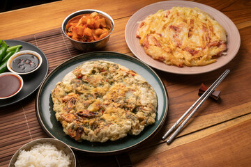 Korean pancake or Pajeon, Korean  dish made from egg and wheat flour with Potato bacon chili and chives.