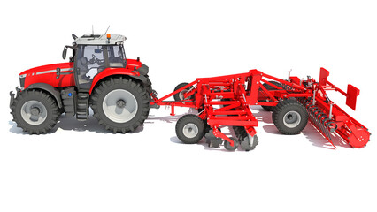 Obraz premium Tractor with Seed Drill farm equipment disc harrow 3D rendering on white background