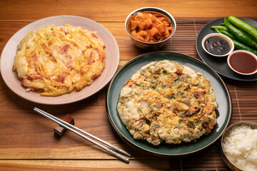 Korean pancake or Pajeon, Korean  dish made from egg and wheat flour with Potato bacon chili and chives.