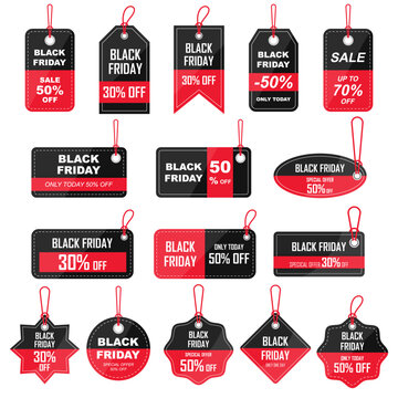 Set of Black friday sale tags stikers and labels for sale. Template for use in trade labels, stickers, discounts and price tags on paper or website. Vector illustration.