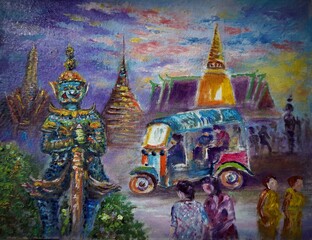 hand painted original impressionism art oil painting grand palace bangkok thailand  and wat phra keaw 