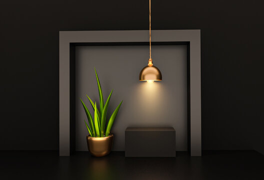 Black luxury stage, podium pedestal dark wall with frame, ceiling lamp. mockup, template, photo frame. flowerpot.  bookshelf on black background or texture in bookstore. Copy space. Loft. 3d render