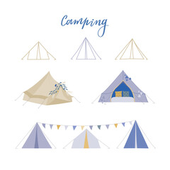 Boho Camping tents vector illustrations. Line tipi for web about summer camp, nature rest
