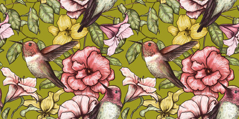 Seamless floral pattern with hummingbirds. Exotic tropical vintage wallpaper. Hand-drawn watercolor illustration. Luxury green background for wallpapers, cloth, fabric print, gift paper