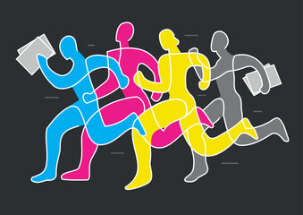 Running people sympolizing cmyk colors, printer team, line art. 
Illustration of colorful runners. Concept for presenting of color print. Vector available.
