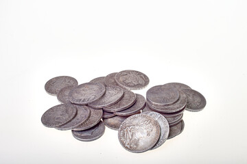 Silver coins on a gray background. Silver coins of tsarist Russia.