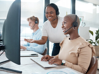 Black woman, call center training and manager with employee smile working for online customer support or telemarketing company. Crm consultant, office desk and staff help with contact us internet faq