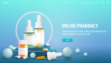 Online pharmacy, blue banner for website with podium, medications and neon ring on background
