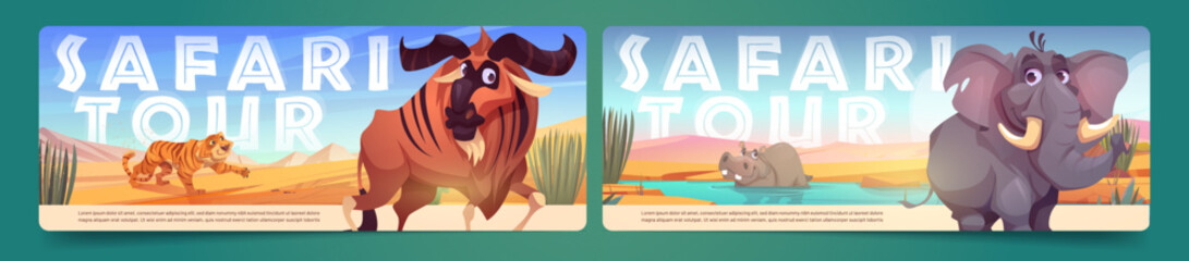 Set of safari tour banner layouts with tiger, elephant, hippo and African buffalo. Cartoon vector illustration of exotic wild animals against savannah landscape background. Wildlife recreation tourism