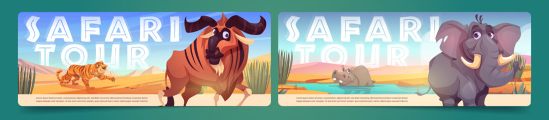 Set of safari tour banner layouts with tiger, elephant, hippo and African buffalo. Cartoon vector illustration of exotic wild animals against savannah landscape background. Wildlife recreation tourism © klyaksun