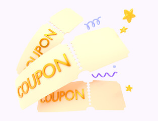 Gold coupons with flying confetti of spirals and stars. Tickets to movie theater, concert or festival with ribbed edges, voucher for gift or invitation. Cartoon 3d render, web banner