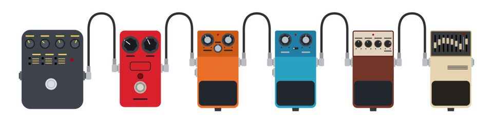 Guitar pedals vector set. Flat design style. Guitar fx equipments, isolated on white background. Multicolor electric guitar stomp box effect set. Vector color illustration.