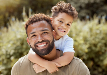 Portrait, happy father and boy smile in garden fun, vacation and break in summer happiness together. Black man and child smile, love and hug outdoor bonding free time on a sunny day in the park - Powered by Adobe