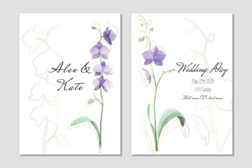 Wedding invitation vector template with purple orchids