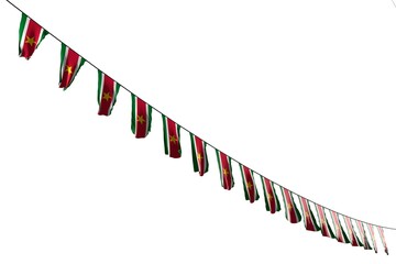 cute many Suriname flags or banners hanging diagonal on string isolated on white - any feast flag 3d illustration..
