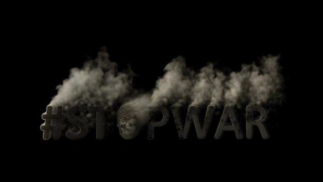 Text stopwar with skull smoking on black background, isolated - loop video