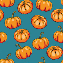 Seamless pattern with halloween pumpkins on color background. Scary and funny faces. Cute Pumpkin or ghost. Vector autumn holidays illustration