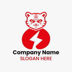 Tiger Power Logo Negative Space Concept Vector Template. Panther Holding Bolt Symbol