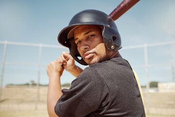 Sports portrait of athlete baseball player with bat for power strike, hit or swing in club...