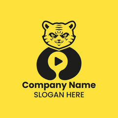 Tiger Play Logo Negative Space Concept Vector Template. Panther Holding Play Symbol