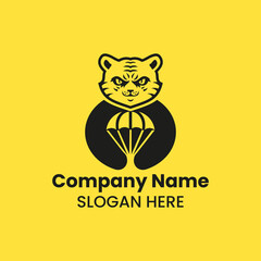 Tiger Parachute Logo Negative Space Concept Vector Template. Panther Holding Parachute Symbol