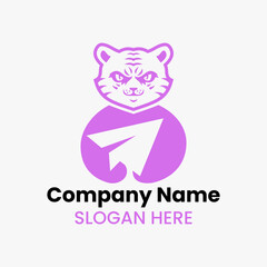 Tiger Travel Logo Negative Space Concept Vector Template. Panther Holding Paper Plane Symbol