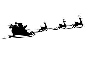 silhouette of Santa Claus and reindeer on a white background