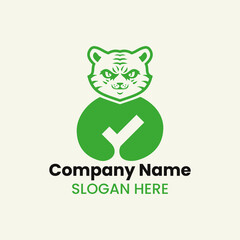 Tiger Checkmark Logo Negative Space Concept Vector Template. Panther Holding Check Mark Symbol