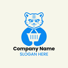 Tiger Basket Logo Negative Space Concept Vector Template. Panther Holding Basket Symbol