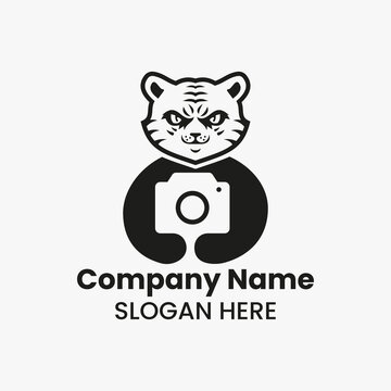 Tiger Camera Logo Negative Space Concept Vector Template. Panther Holding Camera Symbol