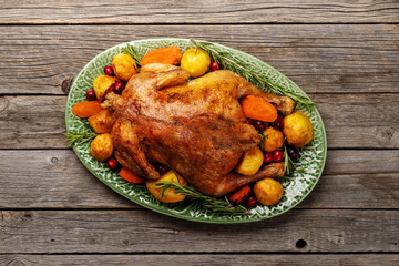 Thanksgiving turkey on rustic wooden table