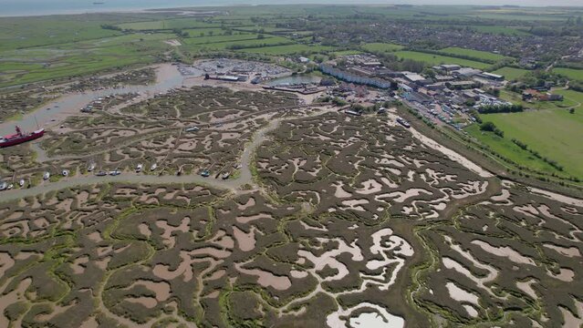 Tollesbury Marshes And Marina In Essex, United Kingdom - aerial drone shot