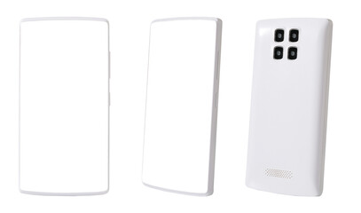 white blank screen android phone isolated on white front and back view