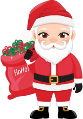 Cute Santa Claus holding bag with presents and smiling cartoon character PNG