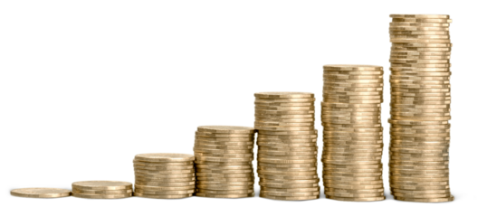 Golden coin stacks on a white background