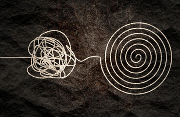 Personal growth and development. Coaching, training, brainstorm illustration. Unraveling tangled tangle. Psychotherapy concept. Metaphor of problem solving, chaos and mess, difficult situation.