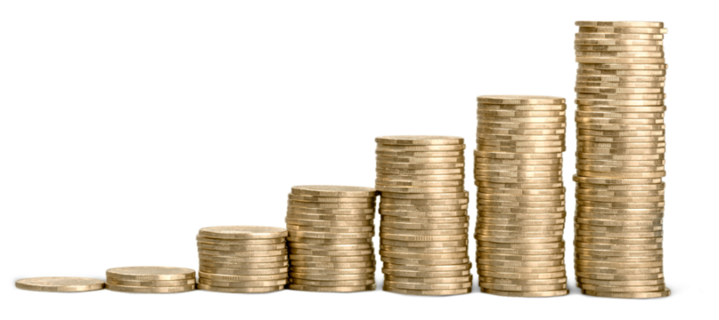 Golden coin stacks on a white background