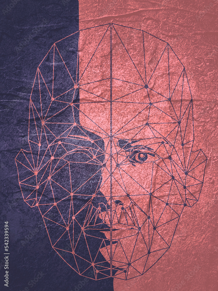 Wall mural wireframe mesh head shape consisting of connected dots and lines. human face silhouette