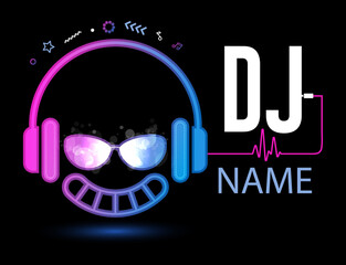 Dj Logo Design. Creative vector logo design with headphones and DJ with glasses. Music logotype template. For accessory, brand, identity, logotype, company, shop, dj party. Black background. Mp3 sign.
