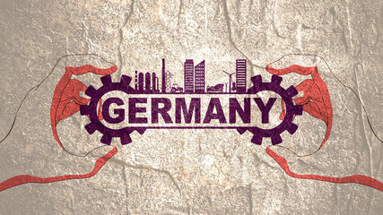 Hand holding Germany country name with energy generation , power supply, technology and industry relative icons.