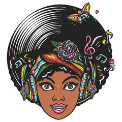 Funk music girl. African woman face with afro hairstyle, portrait. Hippie people. Old school tattoo vector art. Hand drawn graphic. Isolated on white. Traditional flash tattooing