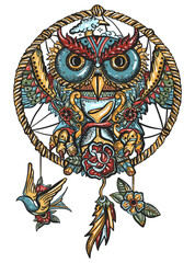 Owl and dream catcher talisman. Old school tattoo vector art. Hand drawn graphic. Isolated on white. Traditional flash tattooing