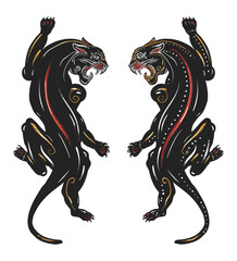 Two black panthers. Angry wild cat. Old school tattoo vector art. Hand drawn graphic. Isolated on white. Traditional flash tattooing © intueri