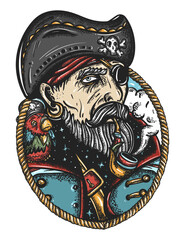 Old pirate portrait. Elderly sea captain smoking pipe. Old school tattoo vector art. Hand drawn graphic. Isolated on white. Traditional flash tattooing