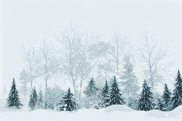 Winter landscape graphic design. snow field in forest Christmas trees. Poster card cover wallpaper background.