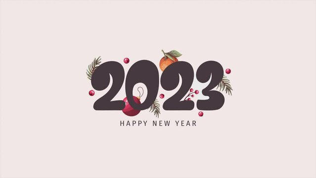 Happy New Year 2023 video card design with spruce branches, christmas balls, tangerine. Animation video.