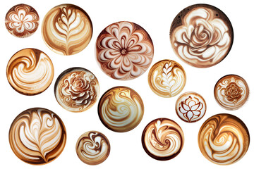 Fototapeta premium Set of beautiful photorealistic patterns on coffee foam isolated on white background, Ai generated